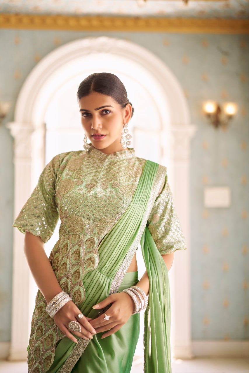 Teeya Creation Green Color Chinnon Silk Embroidery Work Ready To Wear Saree With Stitched blouse | Swadesiicart
