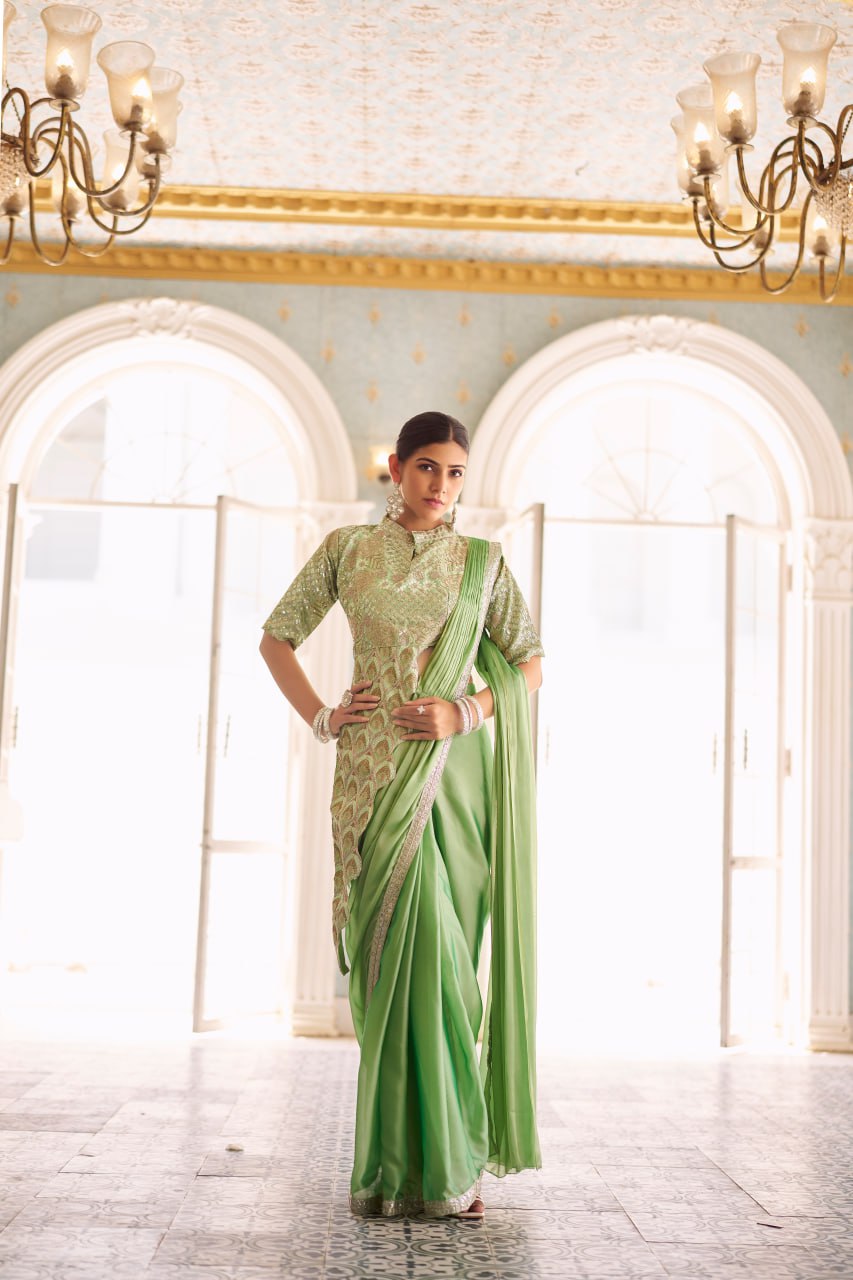 Teeya Creation Green Color Chinnon Silk Embroidery Work Ready To Wear Saree With Stitched blouse | Swadesiicart