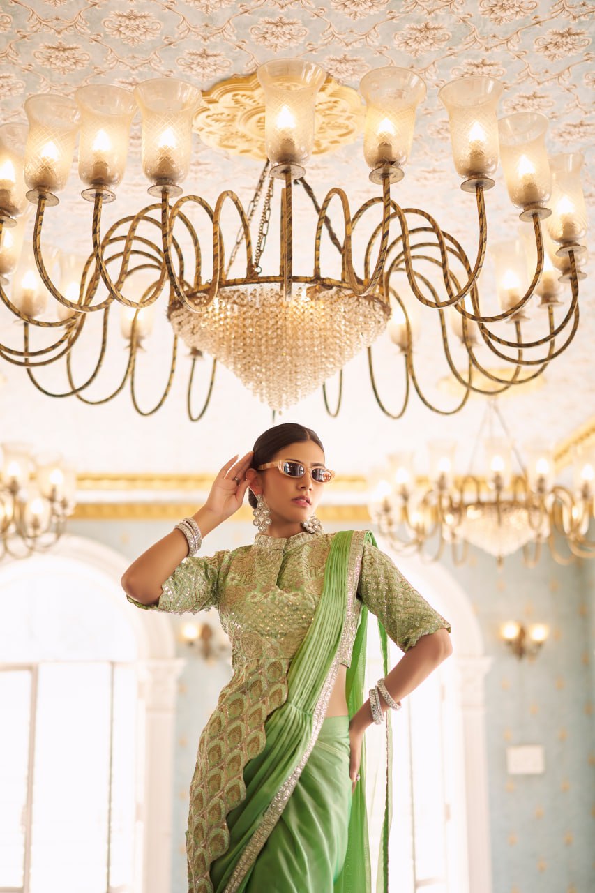 Teeya Creation Green Color Chinnon Silk Embroidery Work Ready To Wear Saree With Stitched blouse | Swadesiicart