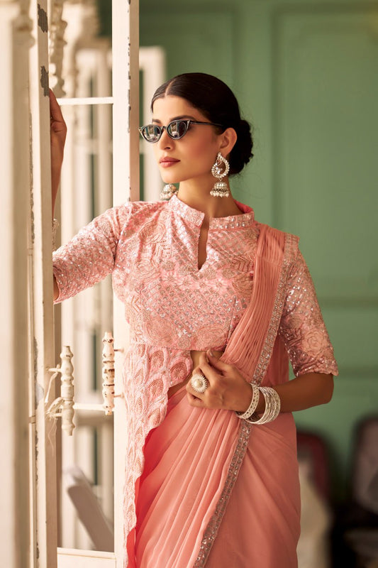 Teeya Creation Peach Color Chinnon Silk Embroidery Work Ready To Wear Saree With Stitched blouse | Swadesiicart