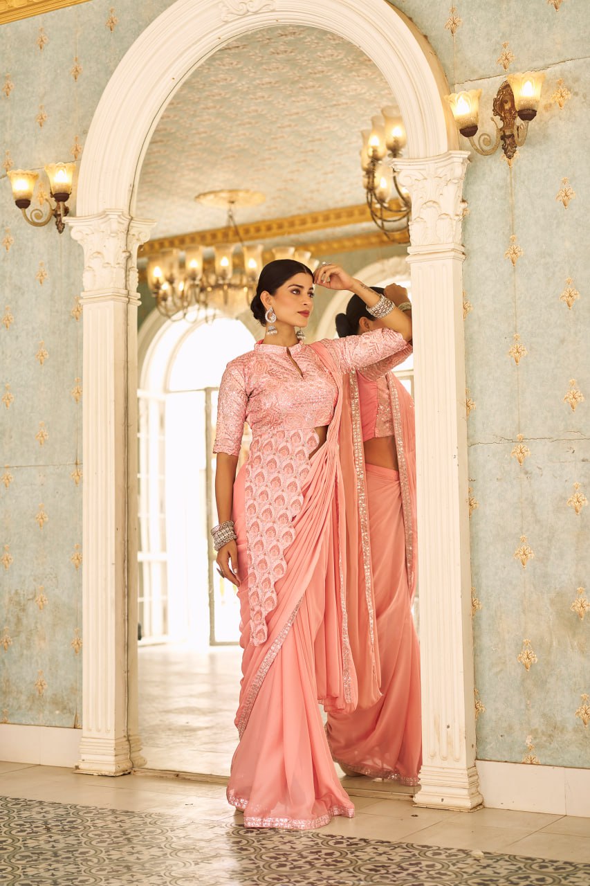 Teeya Creation Peach Color Chinnon Silk Embroidery Work Ready To Wear Saree With Stitched blouse | Swadesiicart
