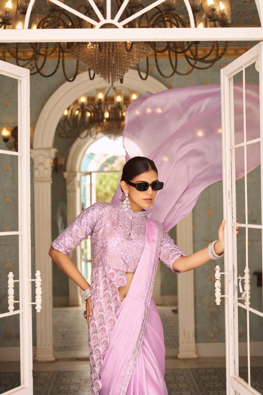 Teeya Creation Pink Color Chinnon Silk Embroidery Work Ready To Wear Saree With Stitched blouse | Swadesiicart