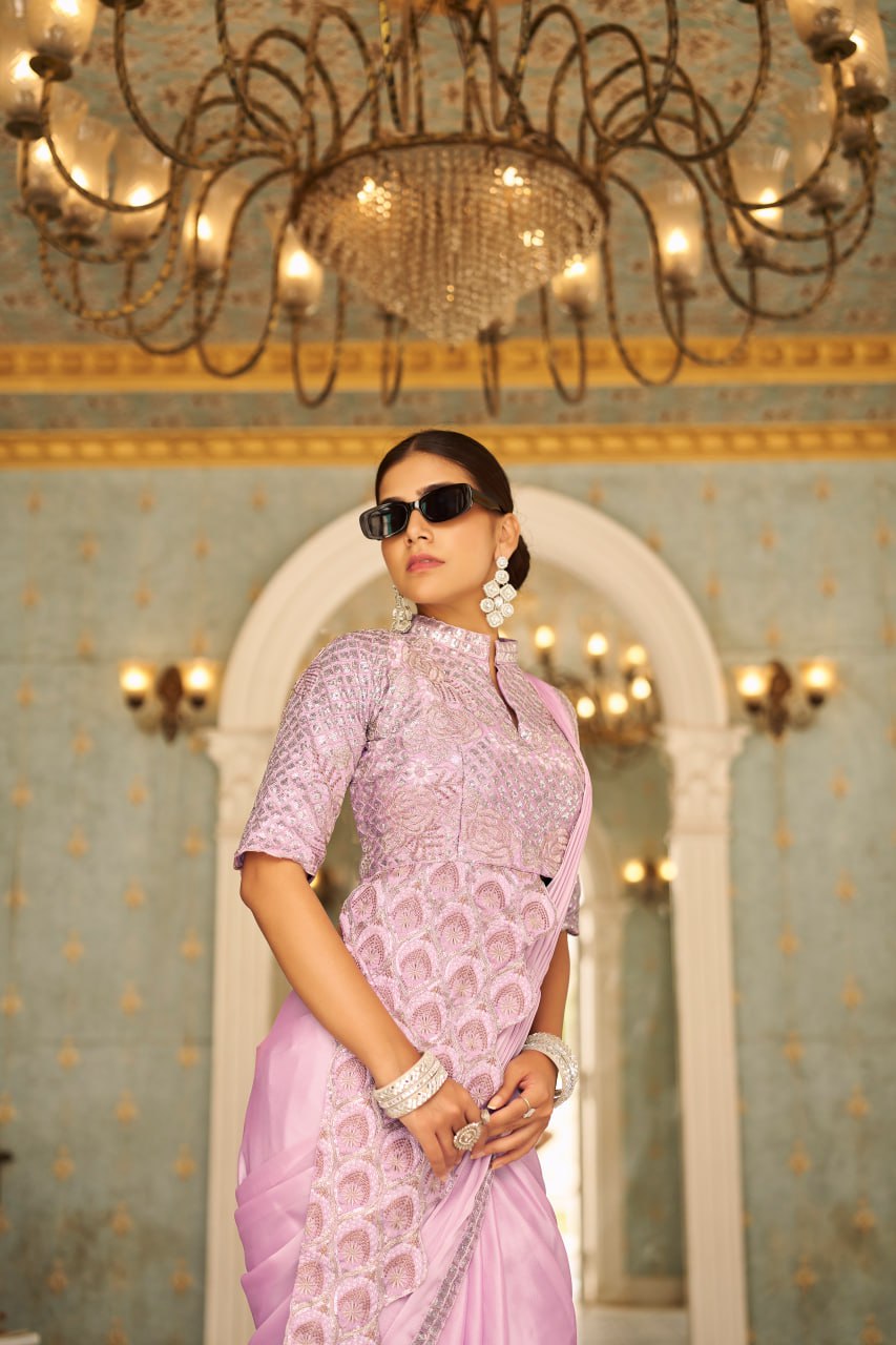 Teeya Creation Pink Color Chinnon Silk Embroidery Work Ready To Wear Saree With Stitched blouse | Swadesiicart