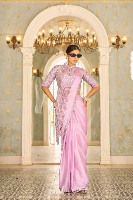 Teeya Creation Pink Color Chinnon Silk Embroidery Work Ready To Wear Saree With Stitched blouse | Swadesiicart
