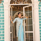 Teeya Creation Sky Color Chinnon Silk Embroidery Work Ready To Wear Saree With Stitched blouse | Swadesiicart