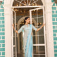 Teeya Creation Sky Color Chinnon Silk Embroidery Work Ready To Wear Saree With Stitched blouse | Swadesiicart