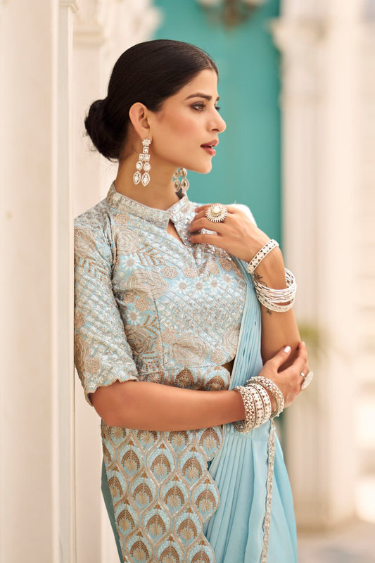 Teeya Creation Sky Color Chinnon Silk Embroidery Work Ready To Wear Saree With Stitched blouse | Swadesiicart