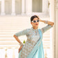 Teeya Creation Sky Color Chinnon Silk Embroidery Work Ready To Wear Saree With Stitched blouse | Swadesiicart