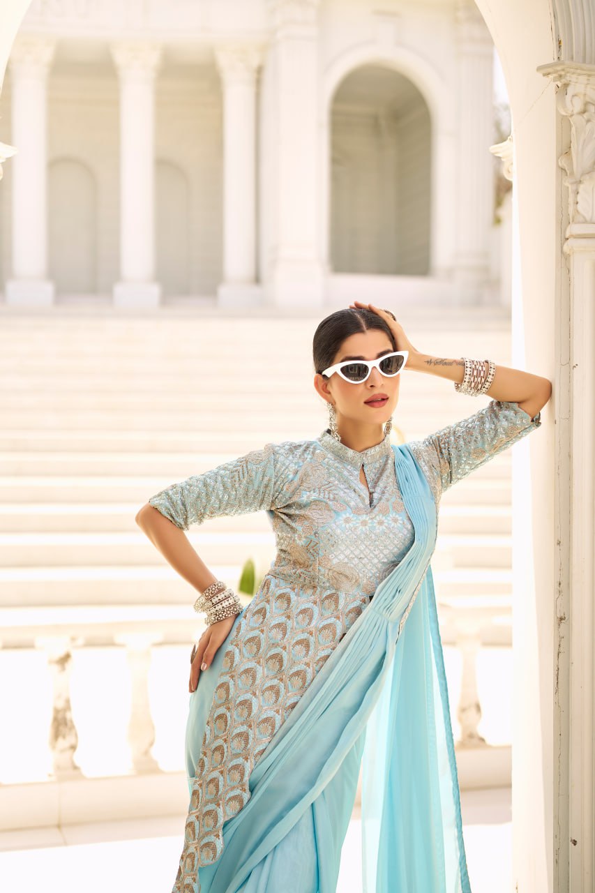 Teeya Creation Sky Color Chinnon Silk Embroidery Work Ready To Wear Saree With Stitched blouse | Swadesiicart