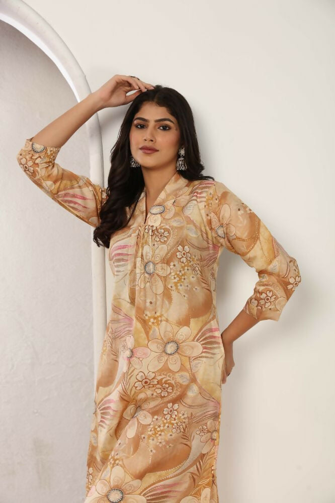 Jyoti Fashion Women's Beige Chanderi Silk Floral Print with Side Pocket Kurtis & Sets | Swadesiicart