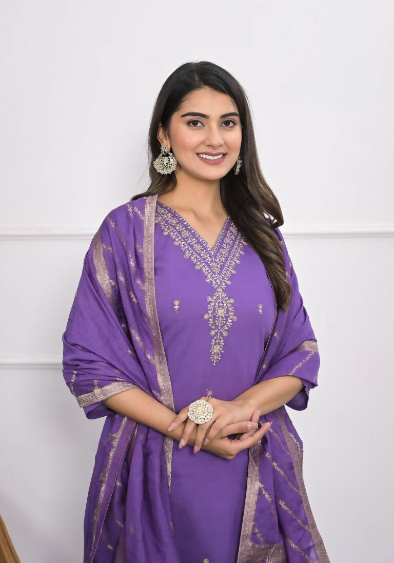 Purple Viscose Silk Embroidery with Thread and sequence Stitched Suit With Dupatta - Tanisha | Swadesiicart