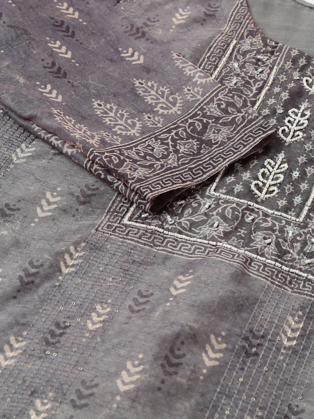 Grey Chinon Digital Printed With Hand Work Kurta - Himanshi - Swadesiicart