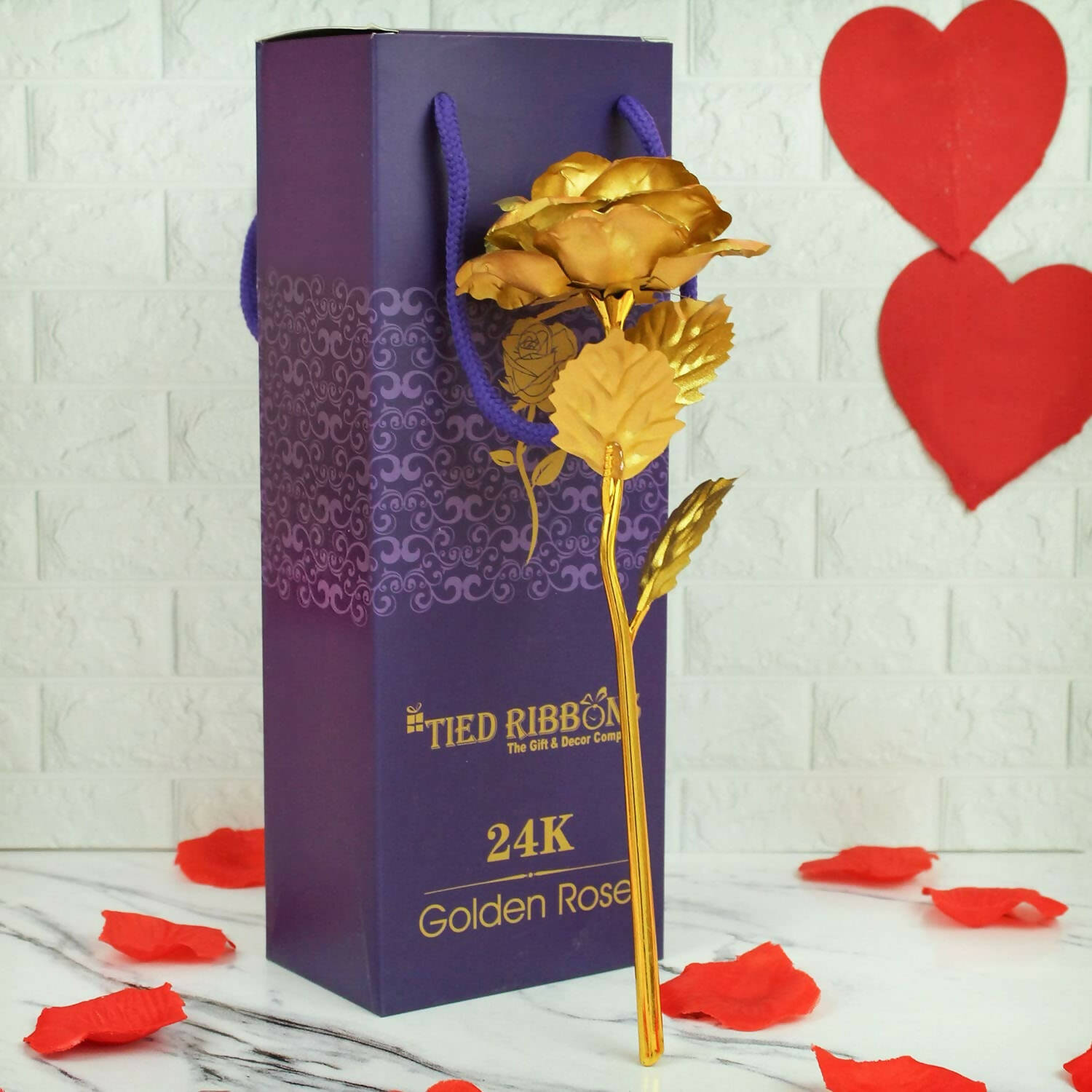 Tied Ribbons Gold-Polished Artificial Rose Flower With Box - Valentine's Day Gifts | Swadesiicart