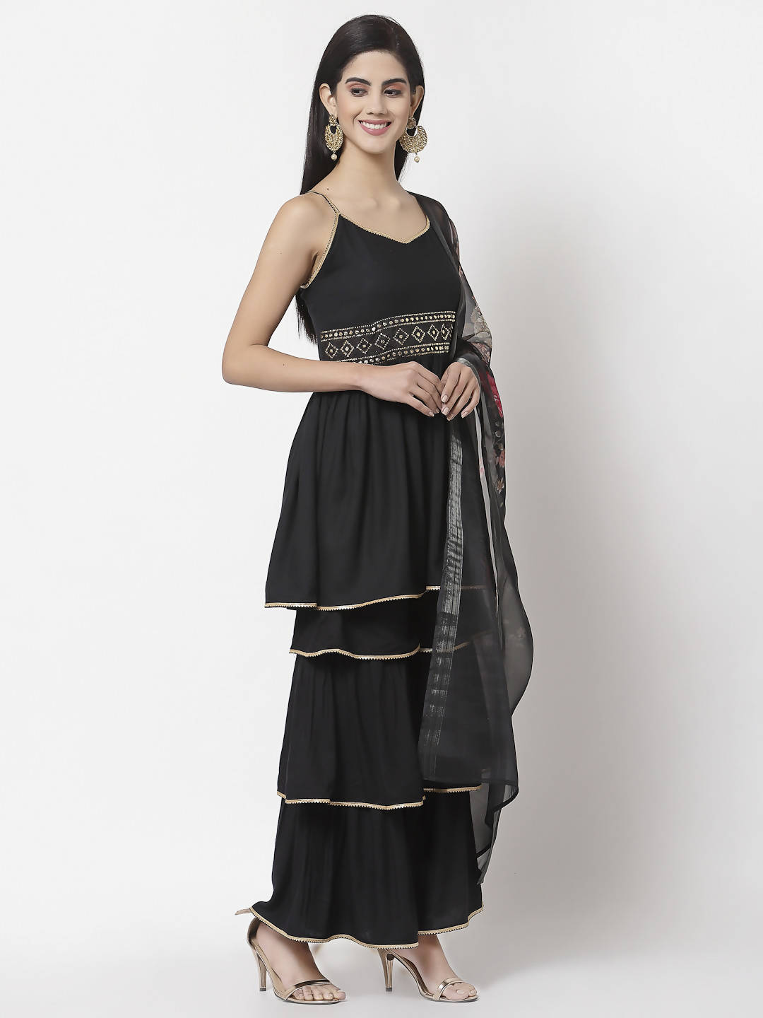 Myshka Women Black Rayon Solid Sleeveless Round Neck Kurta With Sharara & Dupatta Set | Swadesiicart