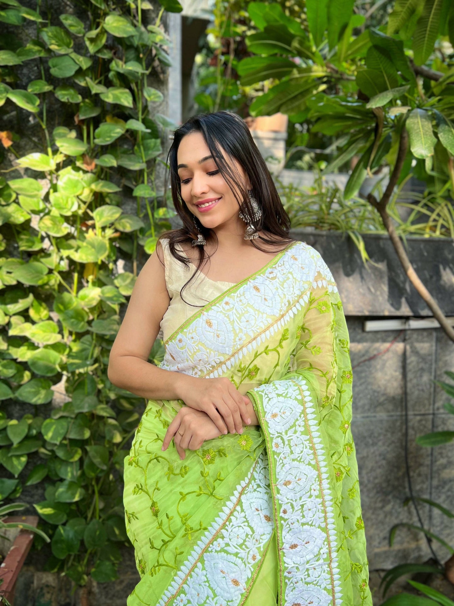 Vamsee Palak Saavi Green Organza Saree - Swadesiicart