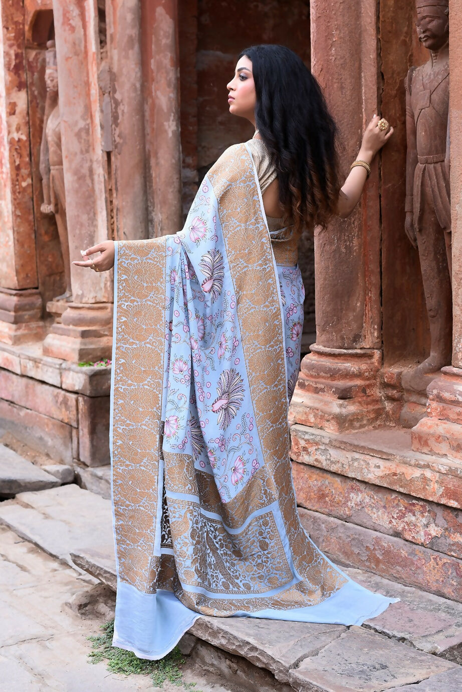 Joban Fashion Light Blue Crepe Chiffon Pure Handloom Banarasi Silk Saree | Swadesiicart