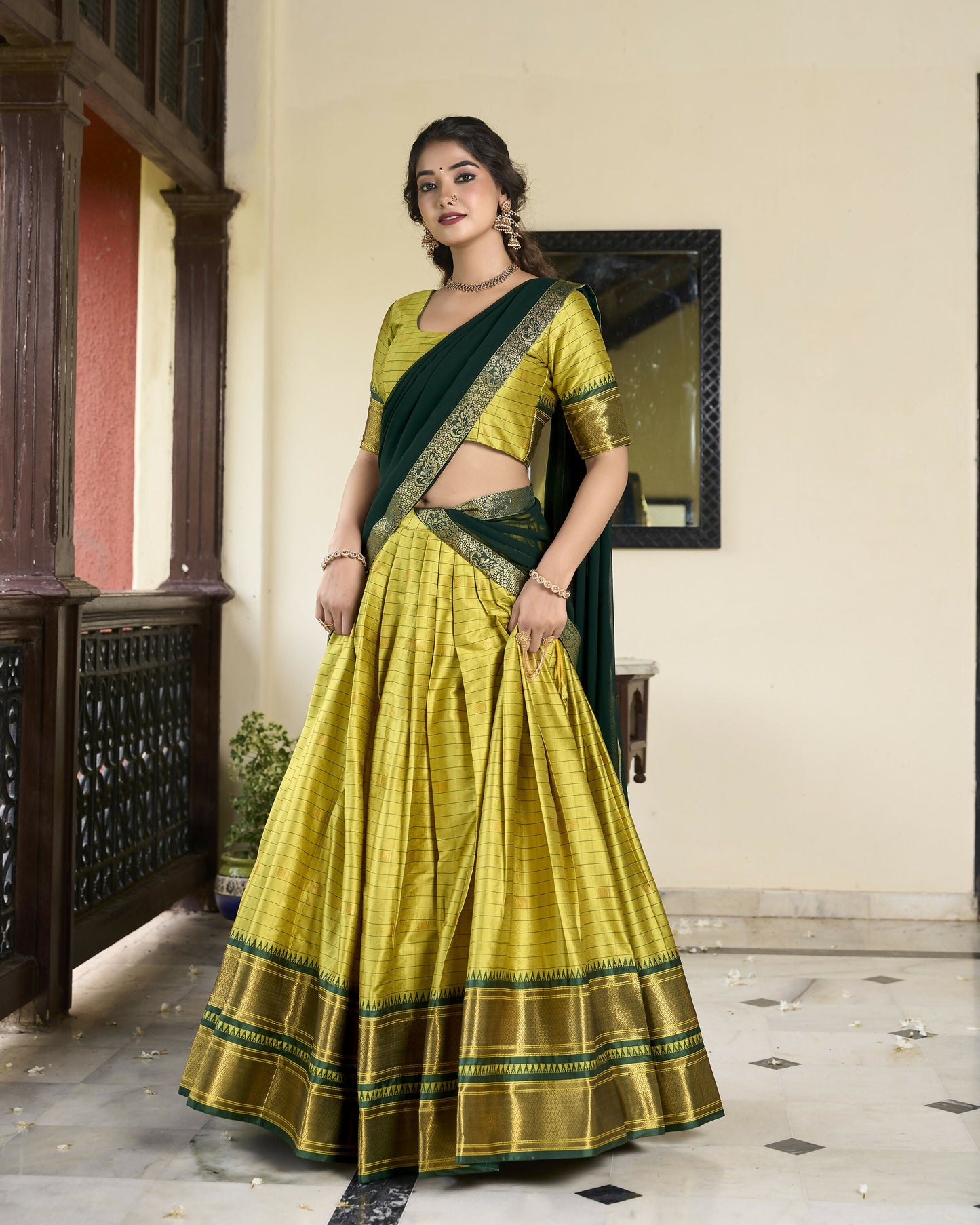 Lorenvalley Parrotgreen Cotton Silk Weaving Work With Paithani Concept Lehenga Choli | Swadesiicart