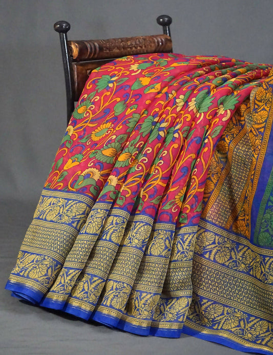 Shades Of Rani Pink Kalamkaari Design Semi Chanderi Saree With Contrast Blouse By Gayathri Reddy Designer Studio | Swadesiicart