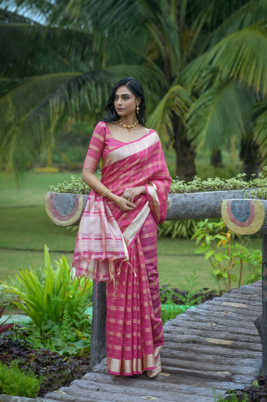 Vishnu Weaves Women's Rani Pink Organza Silk Zari Woven Saree with Blouse - Swadesiicart