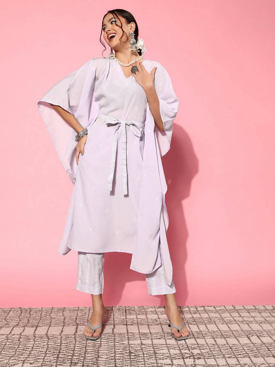Ahalyaa Women Floral Poly Crepe Belted Detail Kurta Set | Swadesiicart