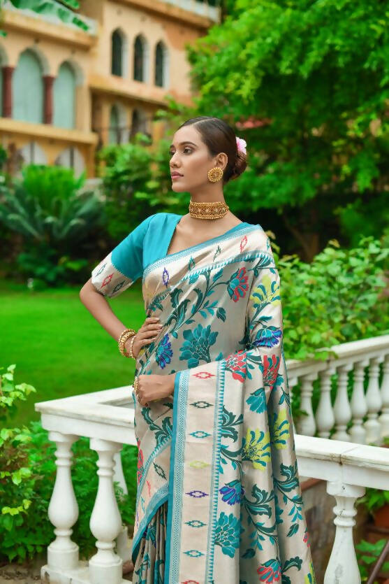 Vishnu Weaves Women's Rama Paithani Silk Zari Woven Saree with Unstitched Blouse - Swadesiicart