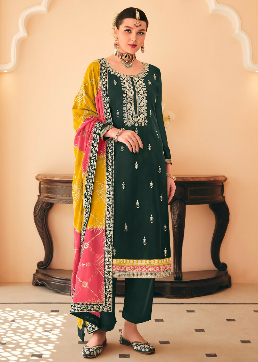 Dazzling Green Embroidered Chinnon Palazzo Salwar Kurta - Emponline | Swadesiicart