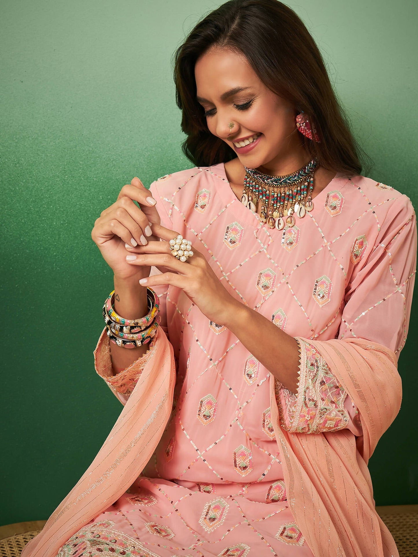 Peach Georgette Handwork Unstitched Dress Material - Hanika | Swadesiicart