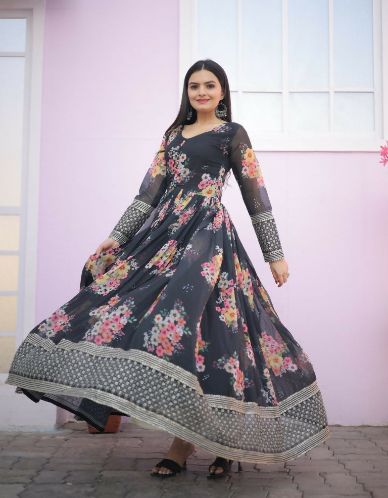 Jyoti Fashion Women's Black Digital Print with Sequence Zari Embroidered Faux Georgette Anarkali Dress | Swadesiicart