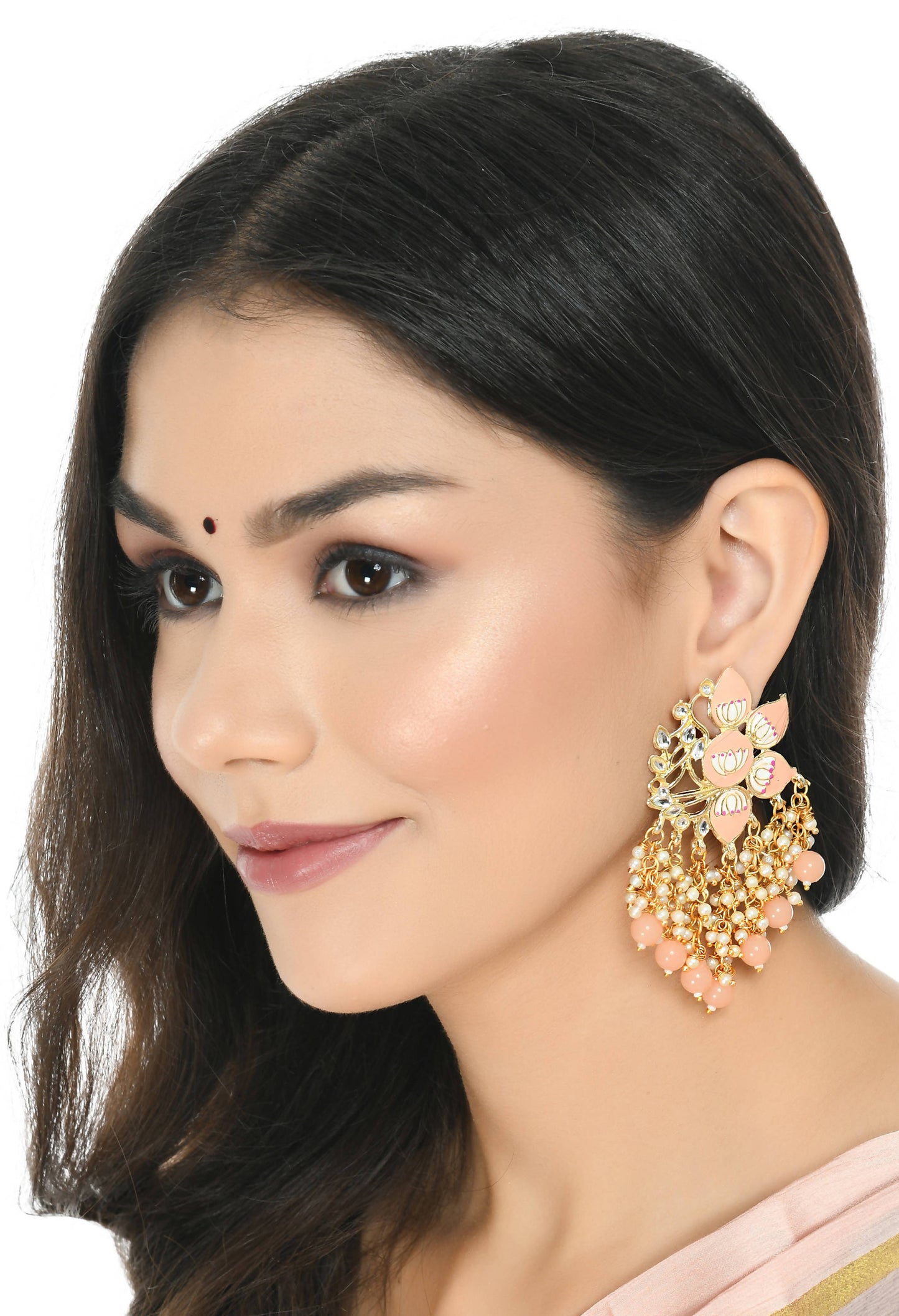 Mominos Fashion Johar Kamal Gold-Polished Kundan Peach Meenakari Earrings - Swadesiicart