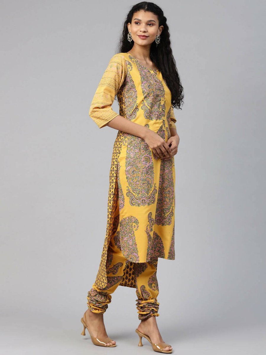Ahalyaa Women Mustard Crepe Printed Kurta Churidar Set | Swadesiicart