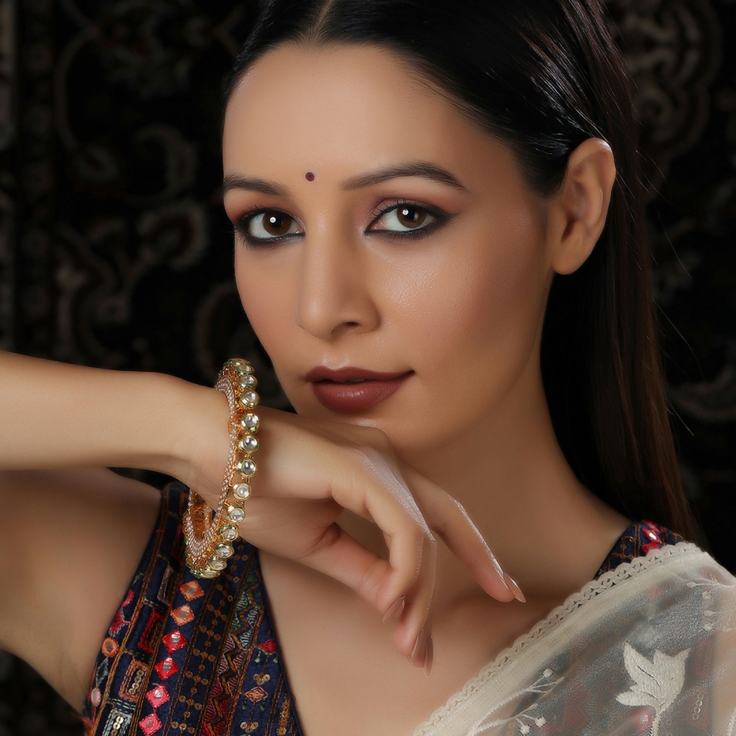 Kundan and Pearl Studded Bangle (Gold) - Ruby Raang - Ruby Raang Studio