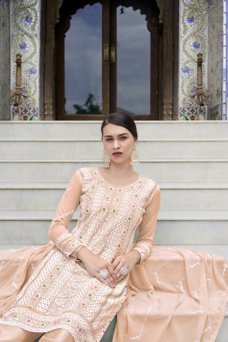 Jyoti Fashion Women's Peach Faux Georgette Heavy Embroidery and Moti Work Kurta Set | Swadesiicart