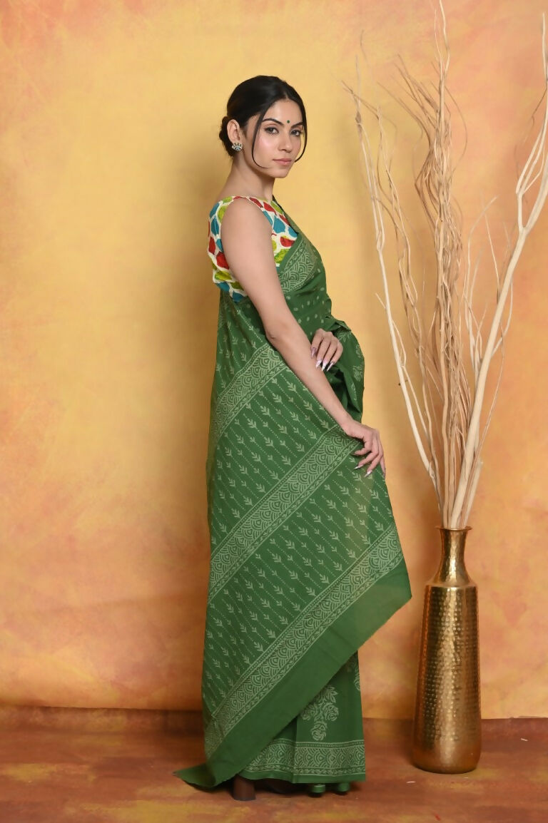 Very Much Indian Handblock Printed Cotton Saree With Natural Dyes - Green | Swadesiicart