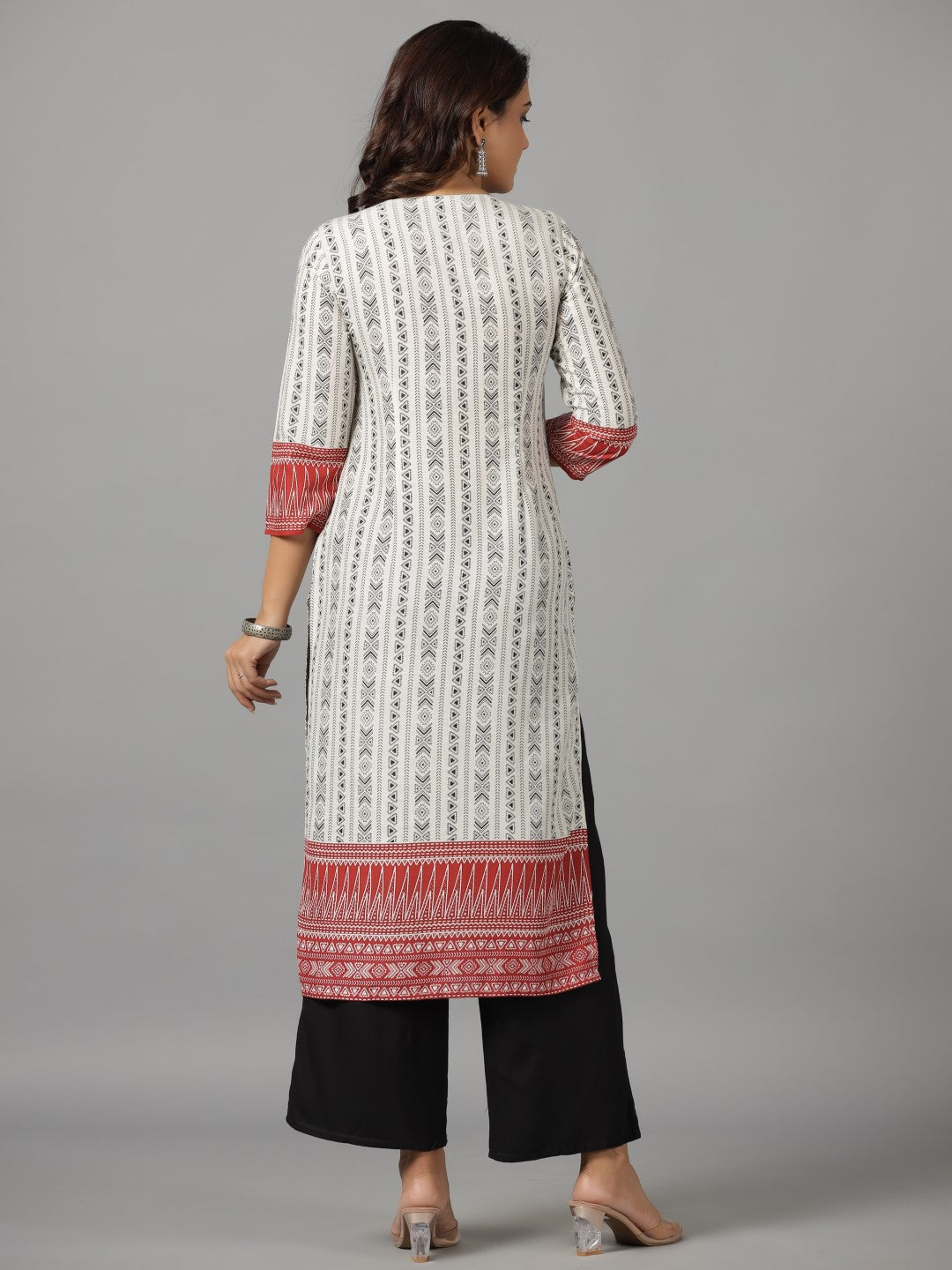 Juniper Women's White Ethnic Motif Printed Rayon Slub Kurta With Beads & Sequins - Swadesiicart