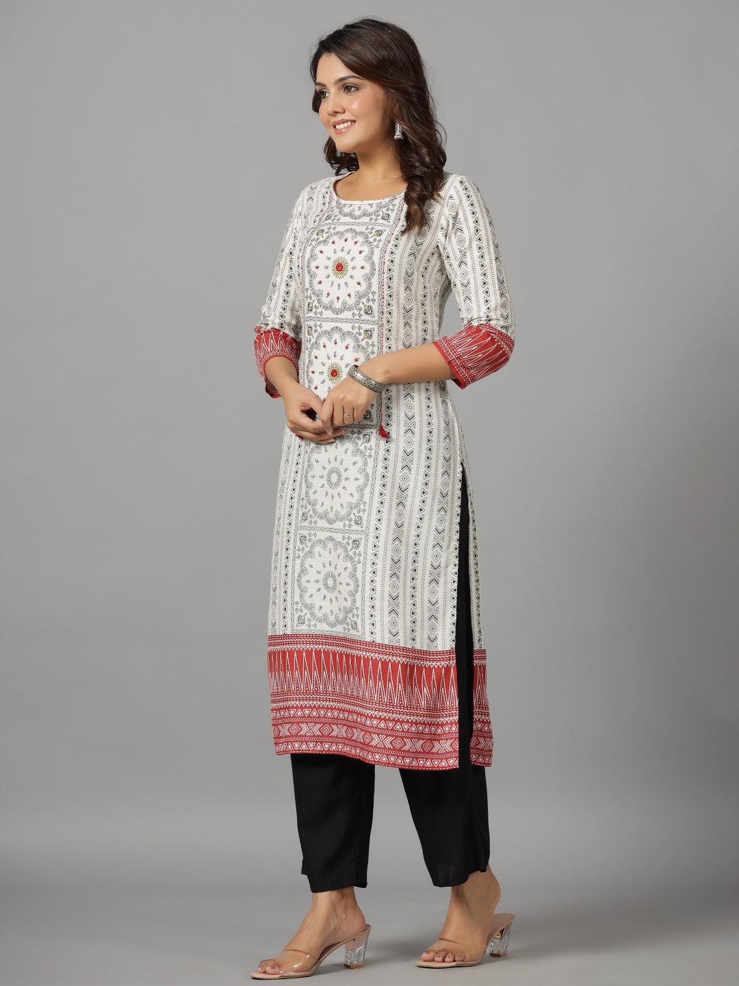 Juniper Women's White Ethnic Motif Printed Rayon Slub Kurta With Beads & Sequins - Swadesiicart