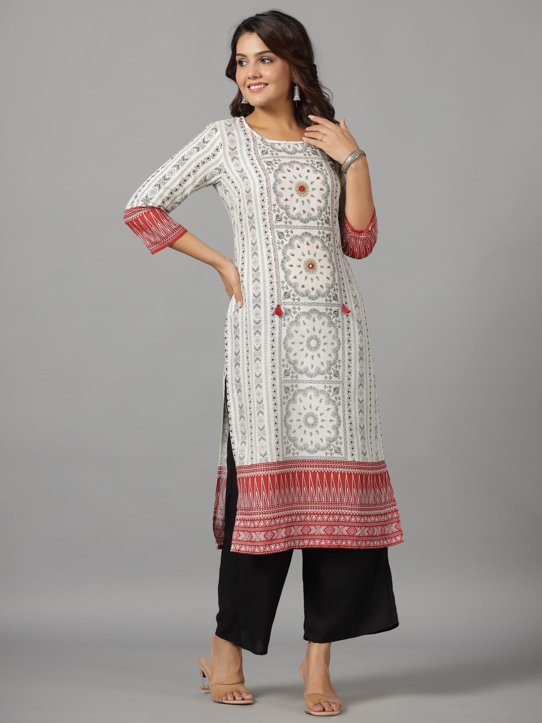 Juniper Women's White Ethnic Motif Printed Rayon Slub Kurta With Beads & Sequins - Swadesiicart