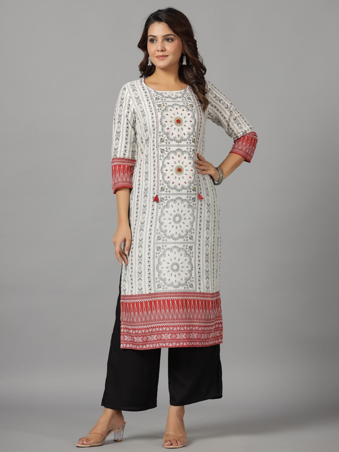 Juniper Women's White Ethnic Motif Printed Rayon Slub Kurta With Beads & Sequins - Swadesiicart