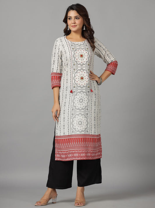 Juniper Women's White Ethnic Motif Printed Rayon Slub Kurta With Beads & Sequins - Swadesiicart