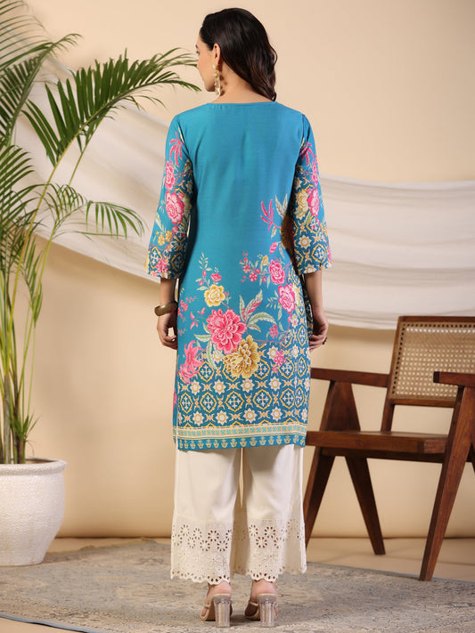 Juniper Women's Blue Rayon Floral Printed Straight Kurta - Swadesiicart