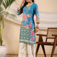 Juniper Women's Blue Rayon Floral Printed Straight Kurta - Swadesiicart