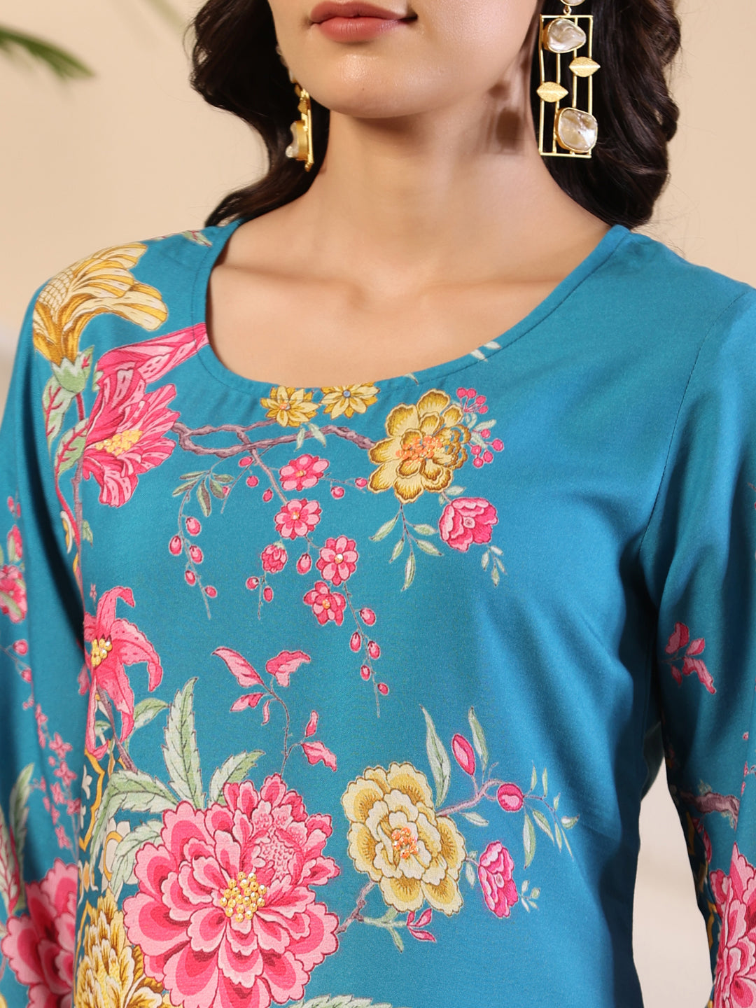 Juniper Women's Blue Rayon Floral Printed Straight Kurta - Swadesiicart