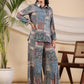 Juniper The Ornamental Blooms Women Silk Floral Printed Blue Shirt With Pants Co-Ord Set - Swadesiicart