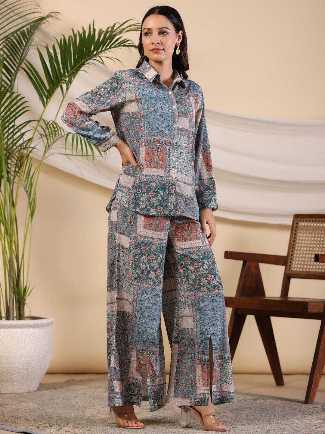 Juniper The Ornamental Blooms Women Silk Floral Printed Blue Shirt With Pants Co-Ord Set - Swadesiicart
