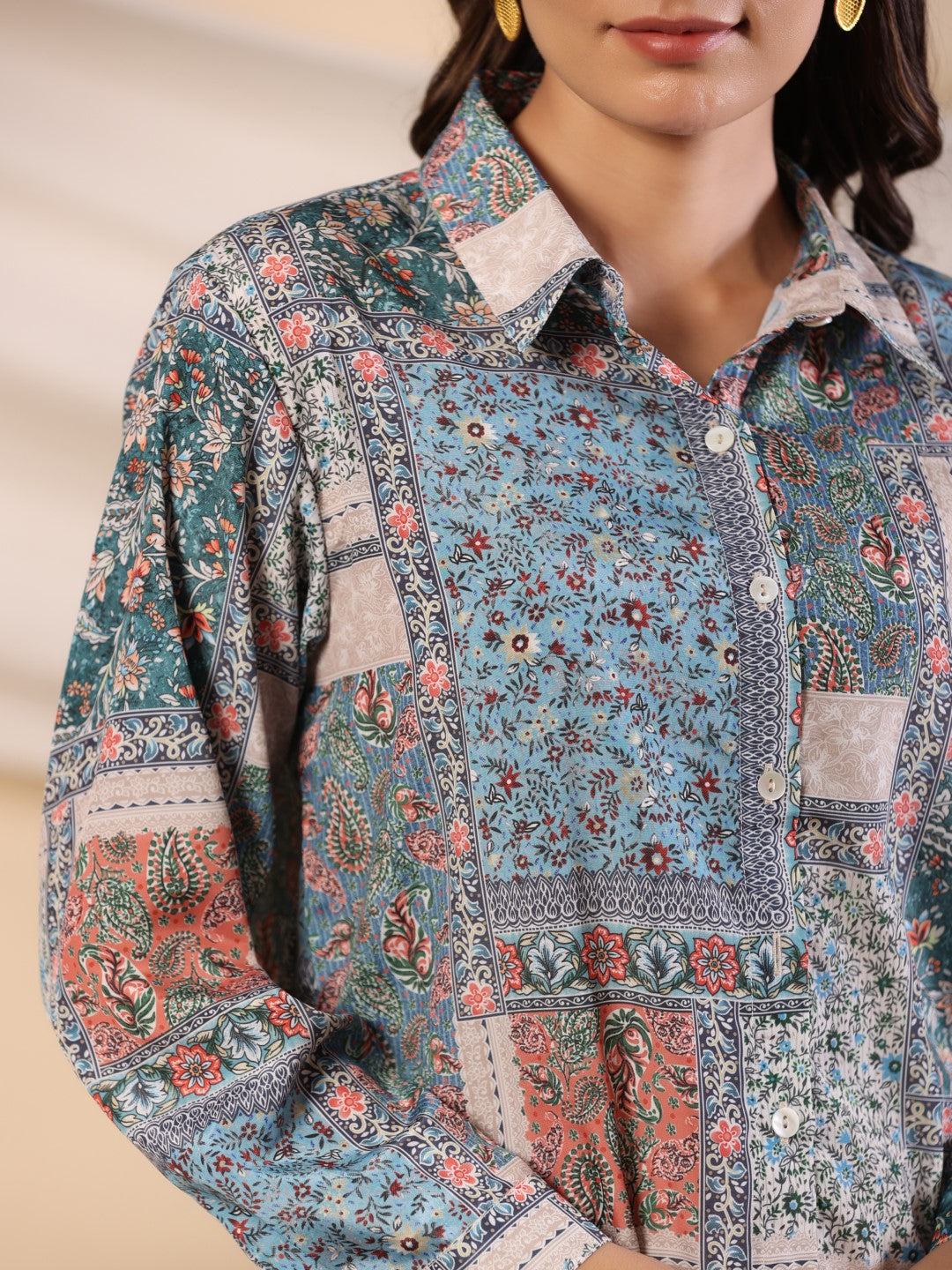 Juniper The Ornamental Blooms Women Silk Floral Printed Blue Shirt With Pants Co-Ord Set - Swadesiicart