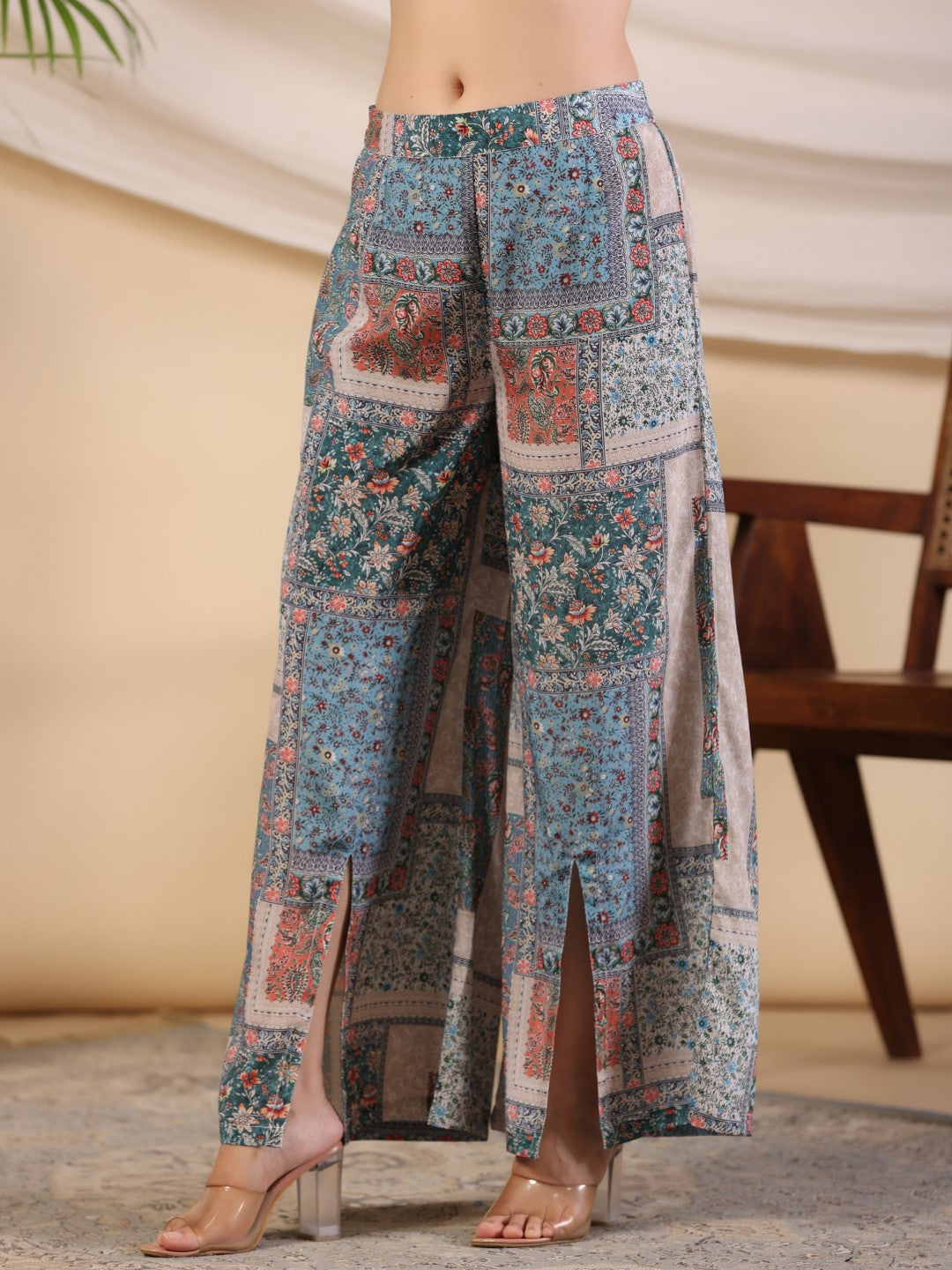 Juniper The Ornamental Blooms Women Silk Floral Printed Blue Shirt With Pants Co-Ord Set - Swadesiicart