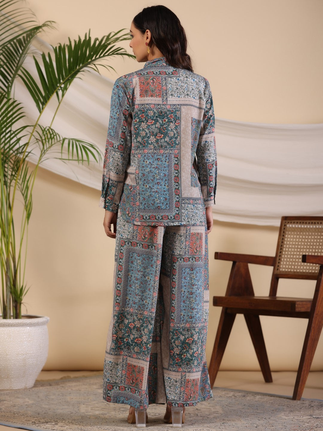 Juniper The Ornamental Blooms Women Silk Floral Printed Blue Shirt With Pants Co-Ord Set - Swadesiicart