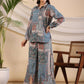Juniper The Ornamental Blooms Women Silk Floral Printed Blue Shirt With Pants Co-Ord Set - Swadesiicart