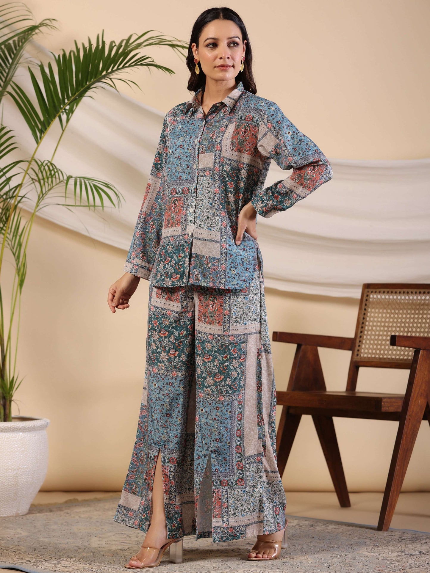 Juniper The Ornamental Blooms Women Silk Floral Printed Blue Shirt With Pants Co-Ord Set - Swadesiicart