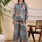 Juniper The Ornamental Blooms Women Silk Floral Printed Blue Shirt With Pants Co-Ord Set - Swadesiicart