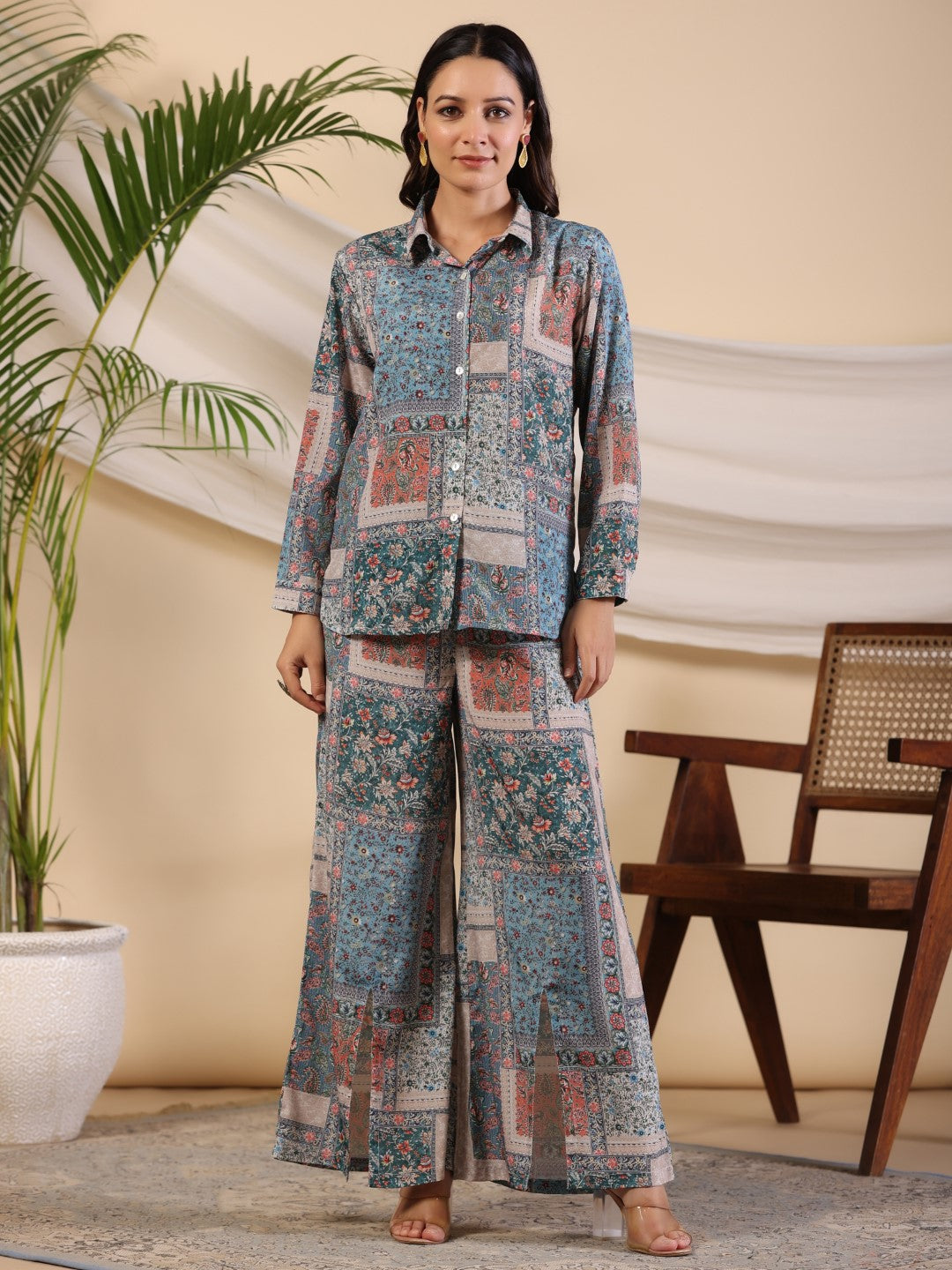Juniper The Ornamental Blooms Women Silk Floral Printed Blue Shirt With Pants Co-Ord Set - Swadesiicart